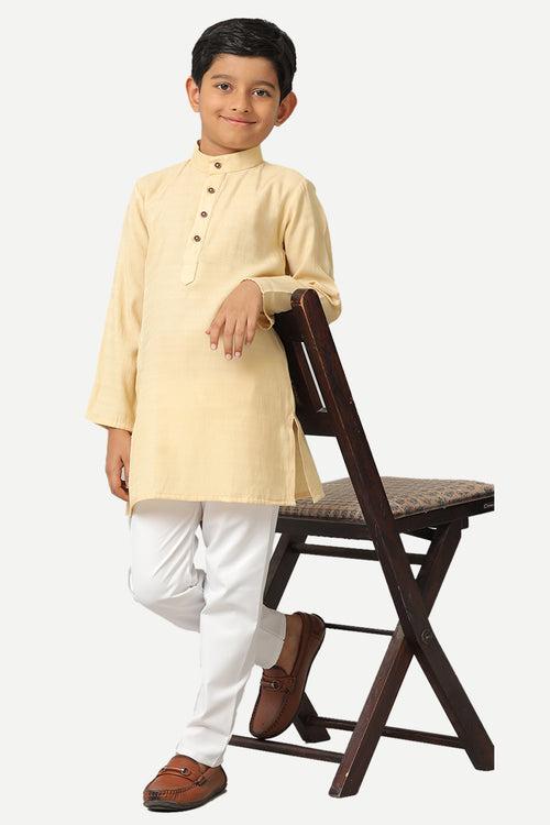 UATHAYAM Poly Viscose Shining Star Full Sleeve Solid Regular Fit Kurta & Pyjama 2 In 1 Set For Kids (Light Beige)