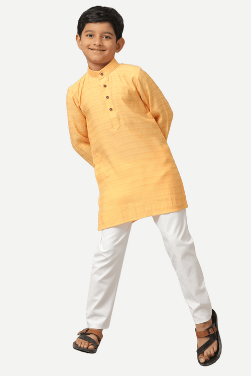 UATHAYAM Poly Viscose Shining Star Full Sleeve Solid Regular Fit Kurta & Pyjama 2 In 1 Set For Kids (Light Orange)