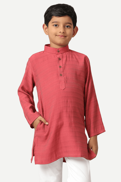 UATHAYAM Poly Viscose Shining Star Full Sleeve Solid Regular Fit Kurta & Pyjama 2 In 1 Set For Kids (Saffron Red)