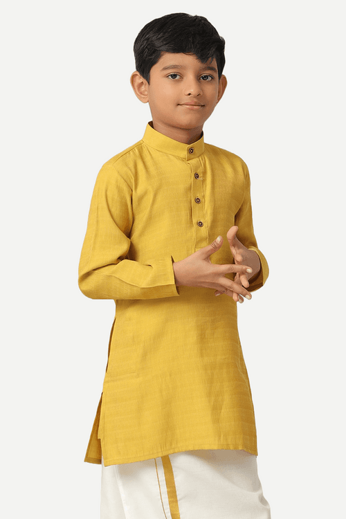 UATHAYAM Poly Viscose Shining Star Full Sleeve Solid Regular Fit Kurta & Dhoti 2 In 1 Set For Kids (Mustard Yellow))
