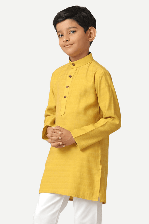 UATHAYAM Poly Viscose Shining Star Kurta  Full Sleeve Solid Regular Fit For Kids (Mustard Yellow)