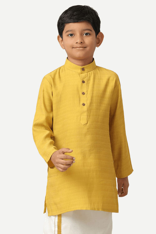 UATHAYAM Poly Viscose Shining Star Full Sleeve Solid Regular Fit Kurta & Dhoti 2 In 1 Set For Kids (Mustard Yellow))