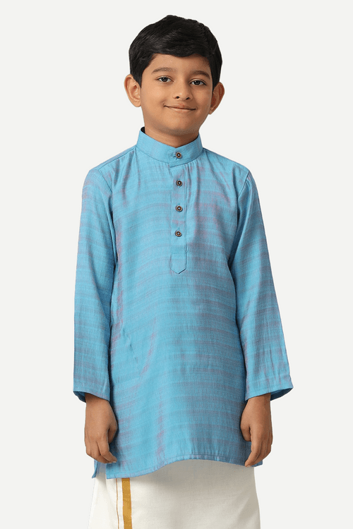 UATHAYAM Poly Viscose Shining Star Full Sleeve Solid Regular Fit Kurta & Dhoti 2 In 1 Set For Kids (Ocean Blue)