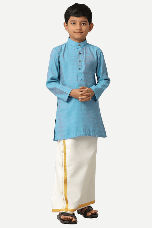 UATHAYAM Poly Viscose Shining Star Full Sleeve Solid Regular Fit Kurta & Dhoti 2 In 1 Set For Kids (Ocean Blue)