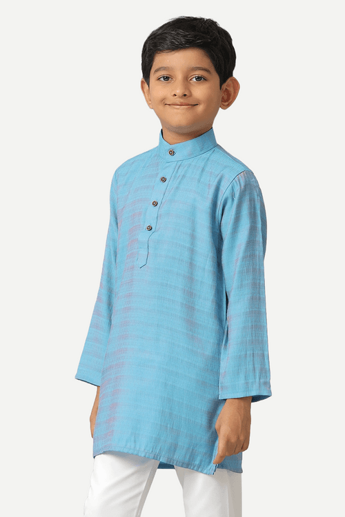 UATHAYAM Poly Viscose Shining Star Full Sleeve Solid Regular Fit Kurta & Pyjama 2 In 1 Set For Kids (Ocean Blue)