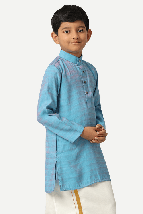 UATHAYAM Poly Viscose Shining Star Full Sleeve Solid Regular Fit Kurta & Dhoti 2 In 1 Set For Kids (Ocean Blue)