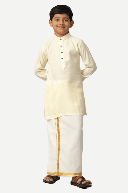 UATHAYAM Poly Viscose Shining Star  Full Sleeve Solid Regular Fit Kurta & Dhoti 2 In 1 Set For Kids (Cream White)