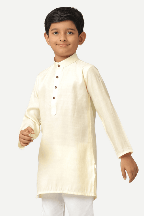 UATHAYAM Poly Viscose Shining Star Full Sleeve Solid Regular Fit Kurta & Pyjama 2 In 1 Set For Kids (Cream White)