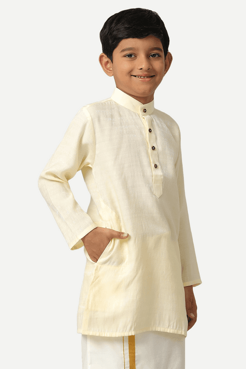 UATHAYAM Poly Viscose Shining Star  Full Sleeve Solid Regular Fit Kurta & Dhoti 2 In 1 Set For Kids (Cream White)