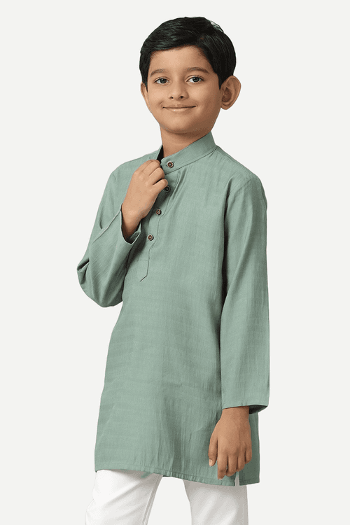 UATHAYAM Poly Viscose Shining Star Full Sleeve Solid Regular Fit Kurta & Pyjama 2 In 1 Set For Kids (Greyish Green)