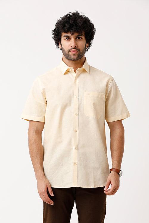 Ariser Jute Classic Cream Yellow 100% Cotton Half Sleeve Solid Smart Fit Formal Shirt For Men