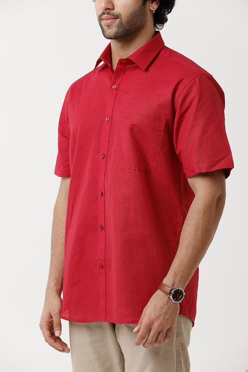 Ariser Jute Classic Ruby Red 100% Cotton Half Sleeve Solid Smart Fit Formal Shirt For Men