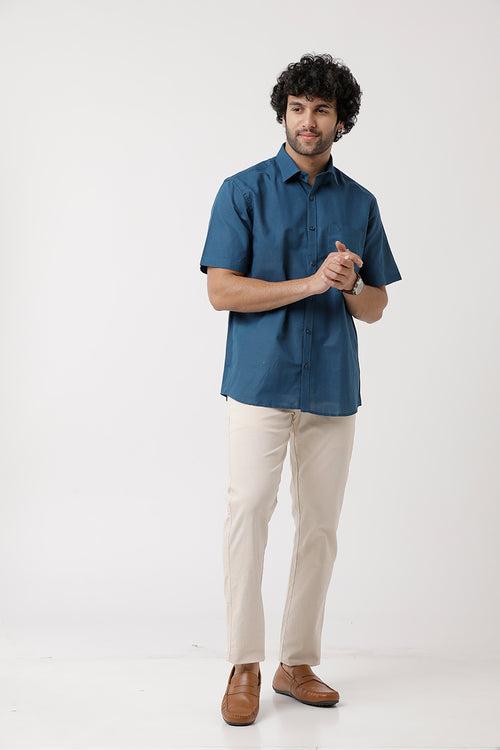 Ariser Jute Classic Mild Blue 100% Cotton Half Sleeve Solid Smart Fit Formal Shirt For Men