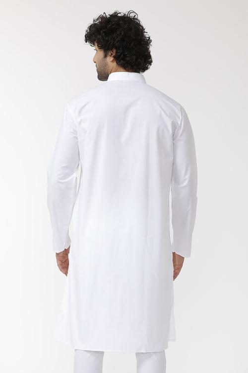 UATHAYAM Classic Cotton Knee Length White Full Sleeve Kurta and Pyjama Combo For Men