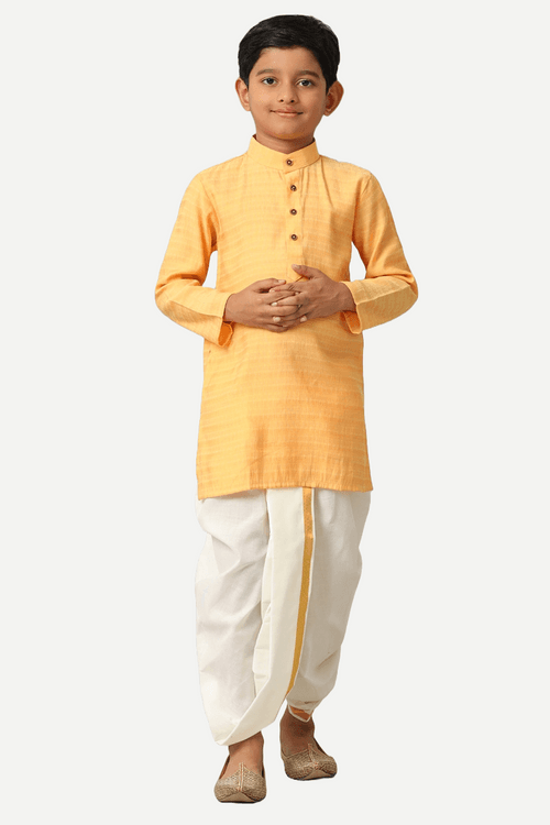 UATHAYAM Poly Viscose Shining Star Full Sleeve Solid Regular Fit Kurta & Panchakacham 2 In 1 Set For Kids (Light Orange)