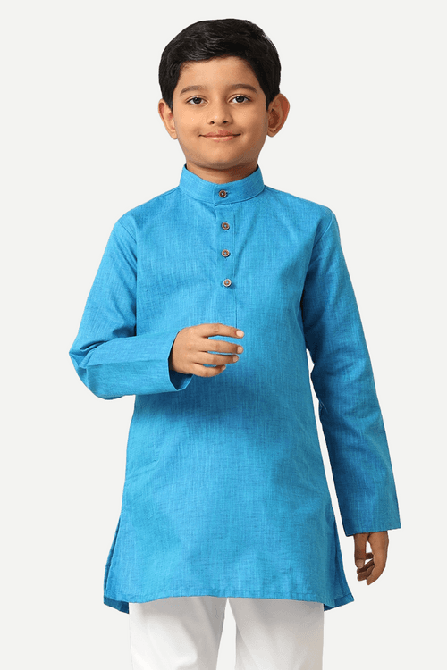 UATHAYAM ExoticCotton Rich Blend  Full Sleeve Solid Regular Fit Kids Kurta + Pyjama 2 In 1 Set (Sea Blue)