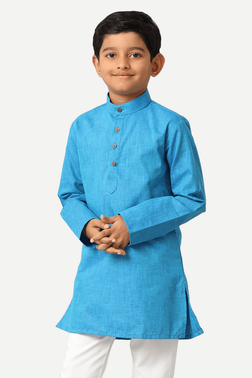 UATHAYAM ExoticCotton Rich Blend  Full Sleeve Solid Regular Fit Kids Kurta + Pyjama 2 In 1 Set (Sea Blue)