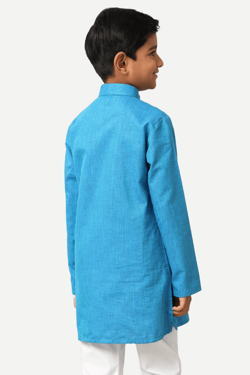 UATHAYAM ExoticCotton Rich Blend  Full Sleeve Solid Regular Fit Kids Kurta + Pyjama 2 In 1 Set (Sea Blue)