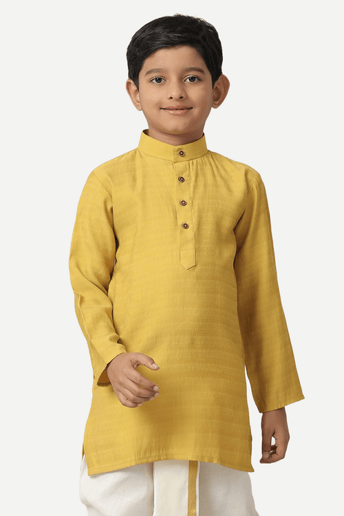 UATHAYAM Poly Viscose Shining Star Full Sleeve Solid Regular Fit Kurta & Panchakacham 2 In 1 Set For Kids (Mustard Yellow)