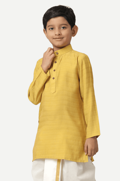 UATHAYAM Poly Viscose Shining Star Full Sleeve Solid Regular Fit Kurta & Panchakacham 2 In 1 Set For Kids (Mustard Yellow)