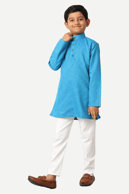 UATHAYAM ExoticCotton Rich Blend  Full Sleeve Solid Regular Fit Kids Kurta + Pyjama 2 In 1 Set (Sea Blue)