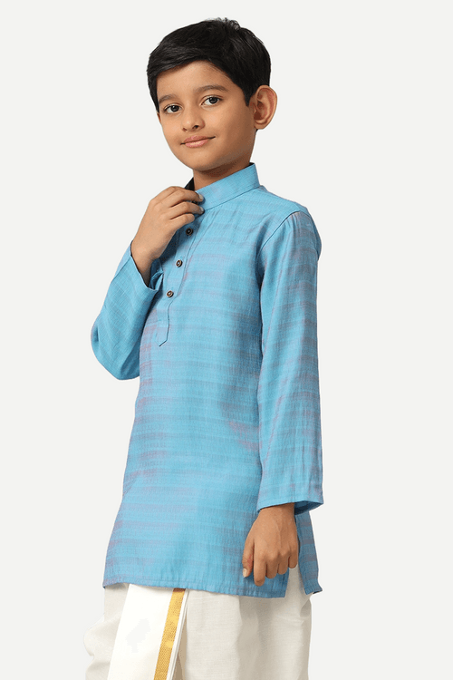 UATHAYAM Poly Viscose Shining Star Full Sleeve Solid Regular Fit Kurta & Panchakacham 2 In 1 Set For Kids (Ocean Blue)