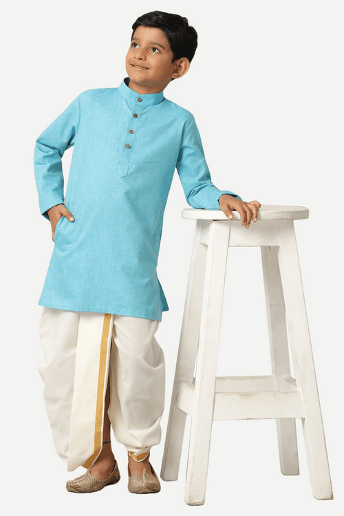 UATHAYAM Exotic Cotton Rich Blend  Full Sleeve Solid Regular Fit Kids Kurta + Panchakacham 2 In 1 Set (Sky Blue)
