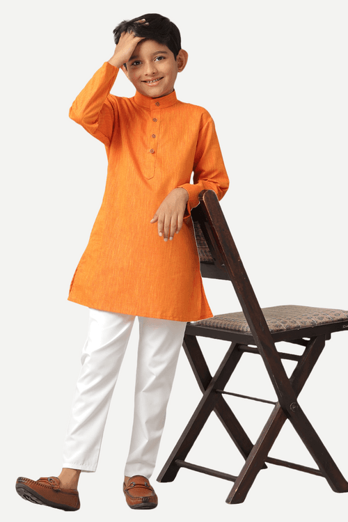 UATHAYAM ExoticCotton Rich Blend  Full Sleeve Solid Regular Fit Kids Kurta + Pyjama 2 In 1 Set (Orange)