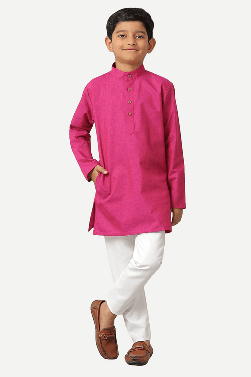 UATHAYAM ExoticCotton Rich Blend  Full Sleeve Solid Regular Fit Kids Kurta + Pyjama 2 In 1 Set (Dark Pink)