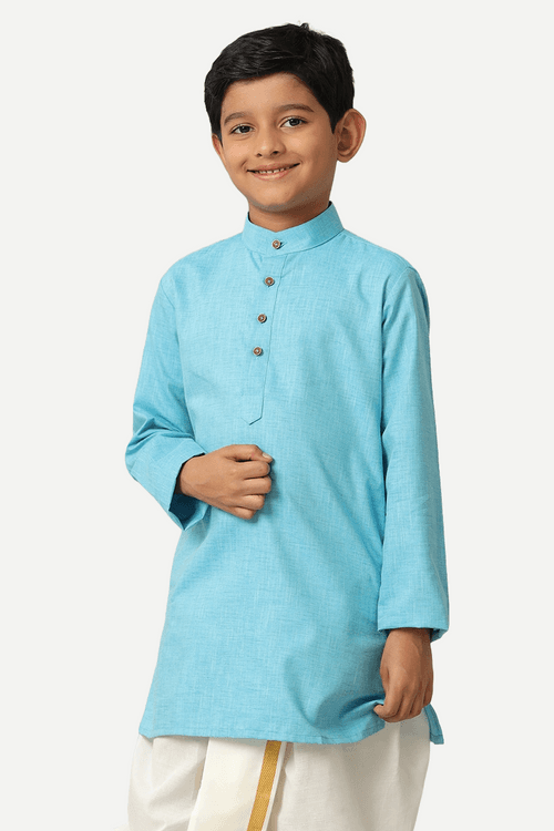 UATHAYAM Exotic Cotton Rich Blend  Full Sleeve Solid Regular Fit Kids Kurta + Panchakacham 2 In 1 Set (Sky Blue)
