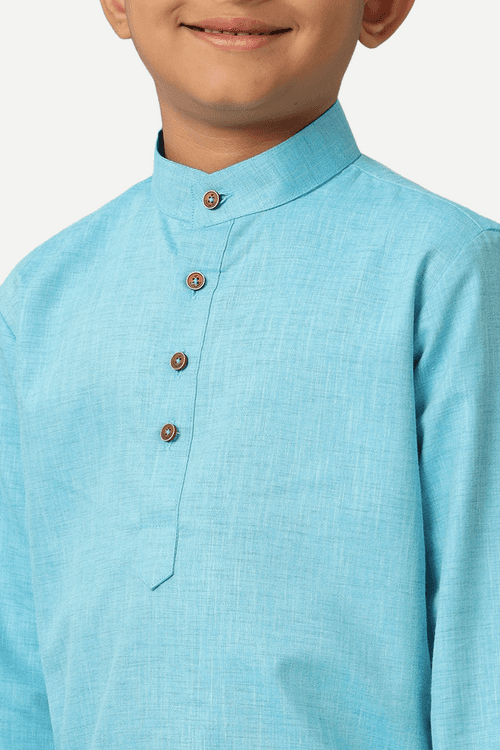 UATHAYAM Exotic Cotton Rich Blend  Full Sleeve Solid Regular Fit Kids Kurta + Panchakacham 2 In 1 Set (Sky Blue)