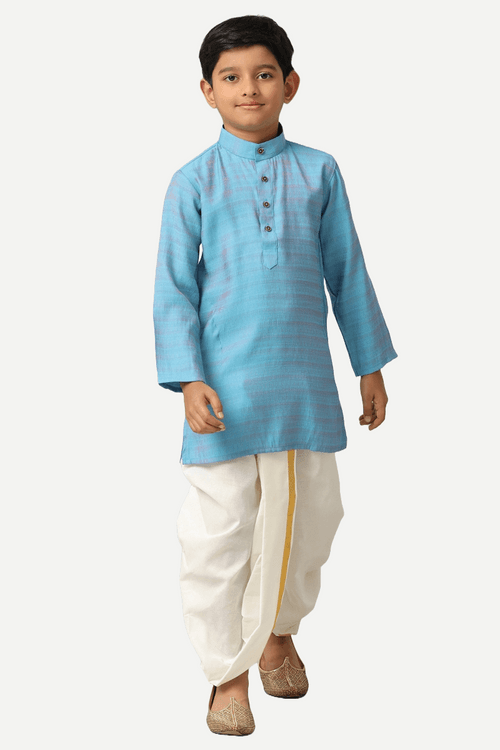 UATHAYAM Poly Viscose Shining Star Full Sleeve Solid Regular Fit Kurta & Panchakacham 2 In 1 Set For Kids (Ocean Blue)