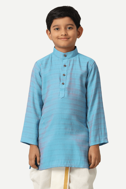 UATHAYAM Poly Viscose Shining Star Full Sleeve Solid Regular Fit Kurta & Panchakacham 2 In 1 Set For Kids (Ocean Blue)