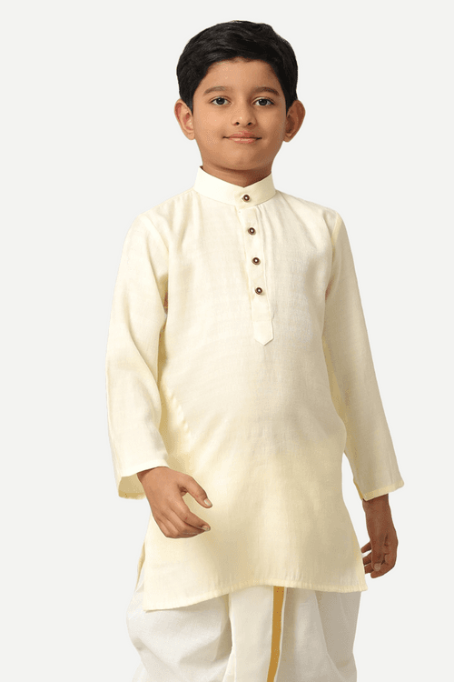 UATHAYAM Poly Viscose Shining Star Full Sleeve Solid Regular Fit Kurta & Panchakacham 2 In 1 Set For Kids (Cream White)