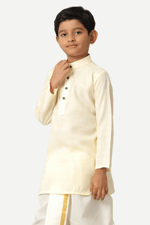 UATHAYAM Poly Viscose Shining Star Full Sleeve Solid Regular Fit Kurta & Panchakacham 2 In 1 Set For Kids (Cream White)