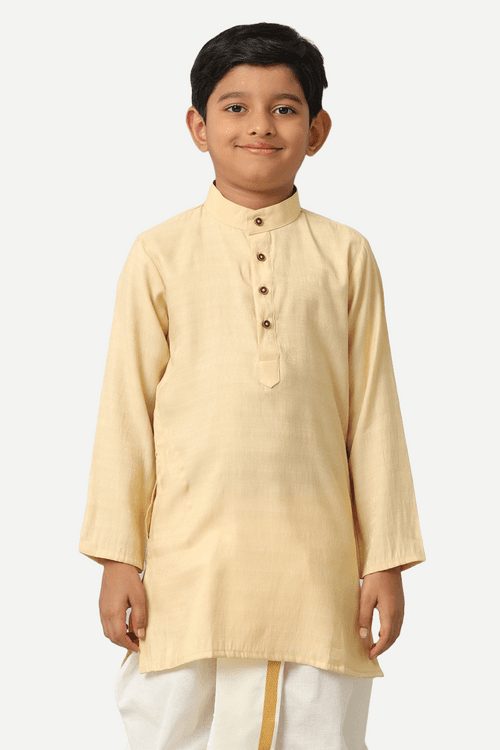 UATHAYAM Poly Viscose Shining Star Full Sleeve Solid Regular Fit Kurta & Panchakacham 2 In 1 Set For Kids (Light Beige)