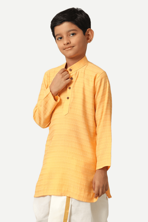 UATHAYAM Poly Viscose Shining Star Full Sleeve Solid Regular Fit Kurta & Panchakacham 2 In 1 Set For Kids (Light Orange)