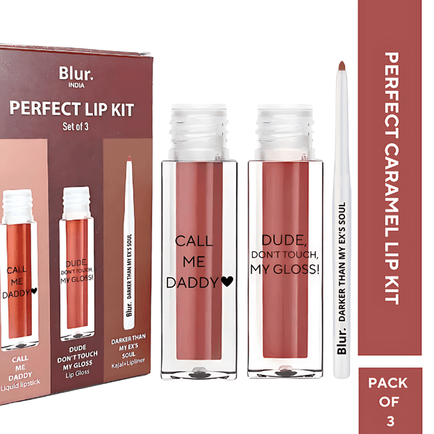 PERFECT Caramel Lip Kit | 3 Liquid Lipstick, Gloss, Lip Liner @ 999