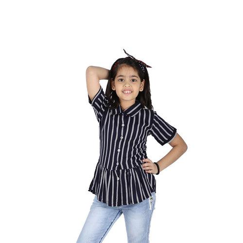 Girls Dark Blue Stripe Cotton Top