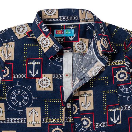 Boys Dark Blue Abstract Print Shirt