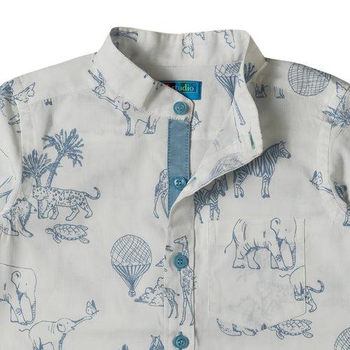 Boys White Animals Print Shirt