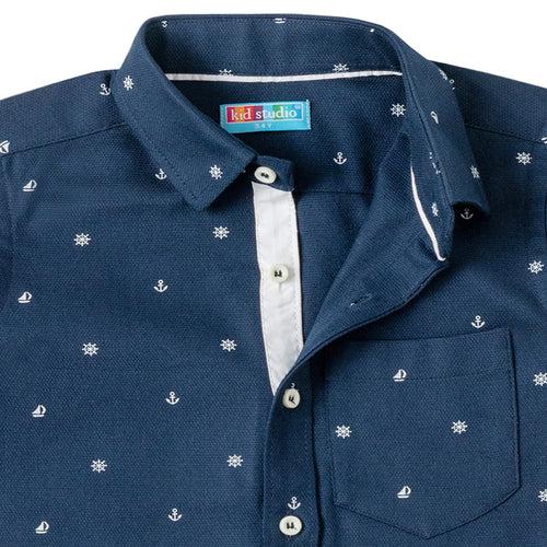 Boys Navy Blue Printed Shirt