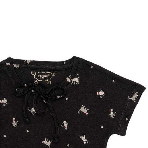 Girls Black All Over Cat Print Crop Top