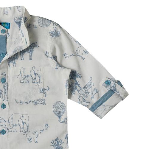 Boys White Animals Print Shirt