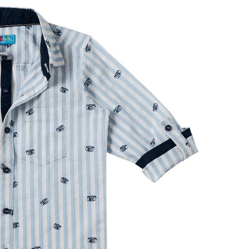 Boys White Camera Printed Stripe Shirt