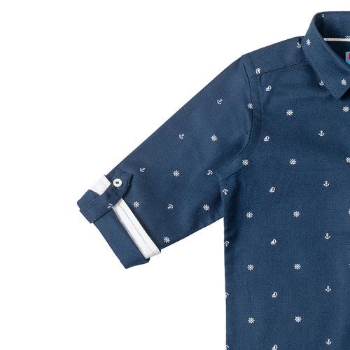 Boys Navy Blue Printed Shirt