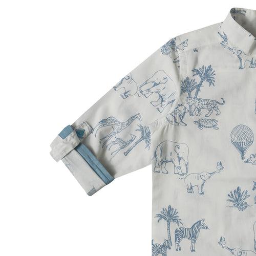 Boys White Animals Print Shirt