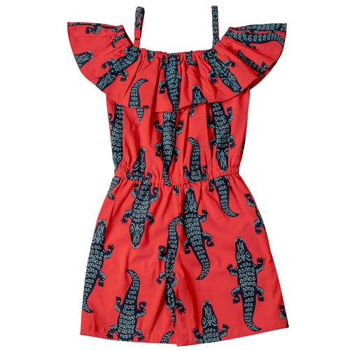 Girls Red Crocodile Print Jumpsuit