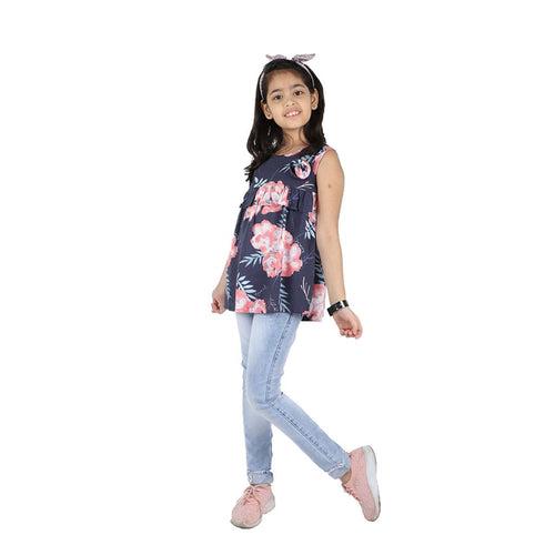 Girls Blue Floral Cotton Top