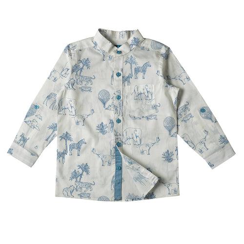 Boys White Animals Print Shirt